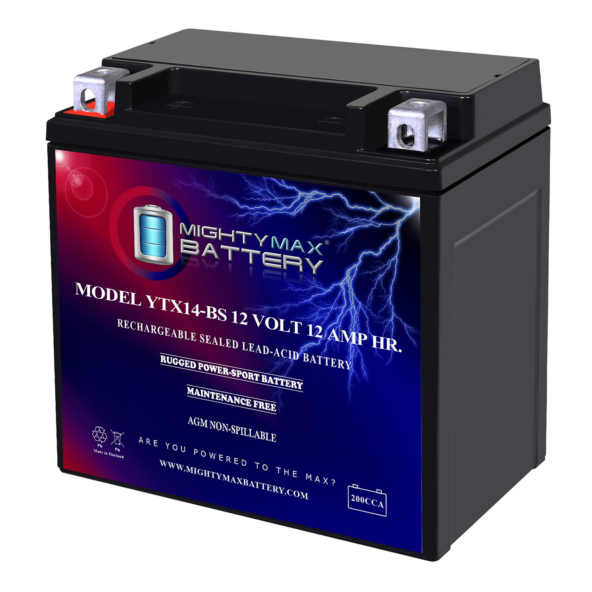 Mighty Max Battery YTX14-BS — 12V, 12Ah, 200 CCA, Rechargeable, Maintenance-Free SLA AGM Motorcycle Battery, Model# MAX3416334